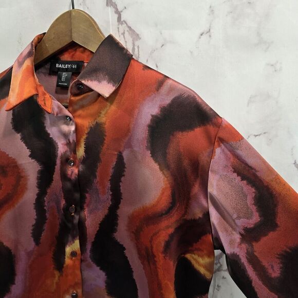 Bailey 44 Shirt Womens Small Orange Purple Satin Button Up Retro Disco Groovy - Picture 12 of 13